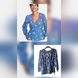Old Navy Cottonblend Floral Blue Wrap  Top- Medium Boho Cottage